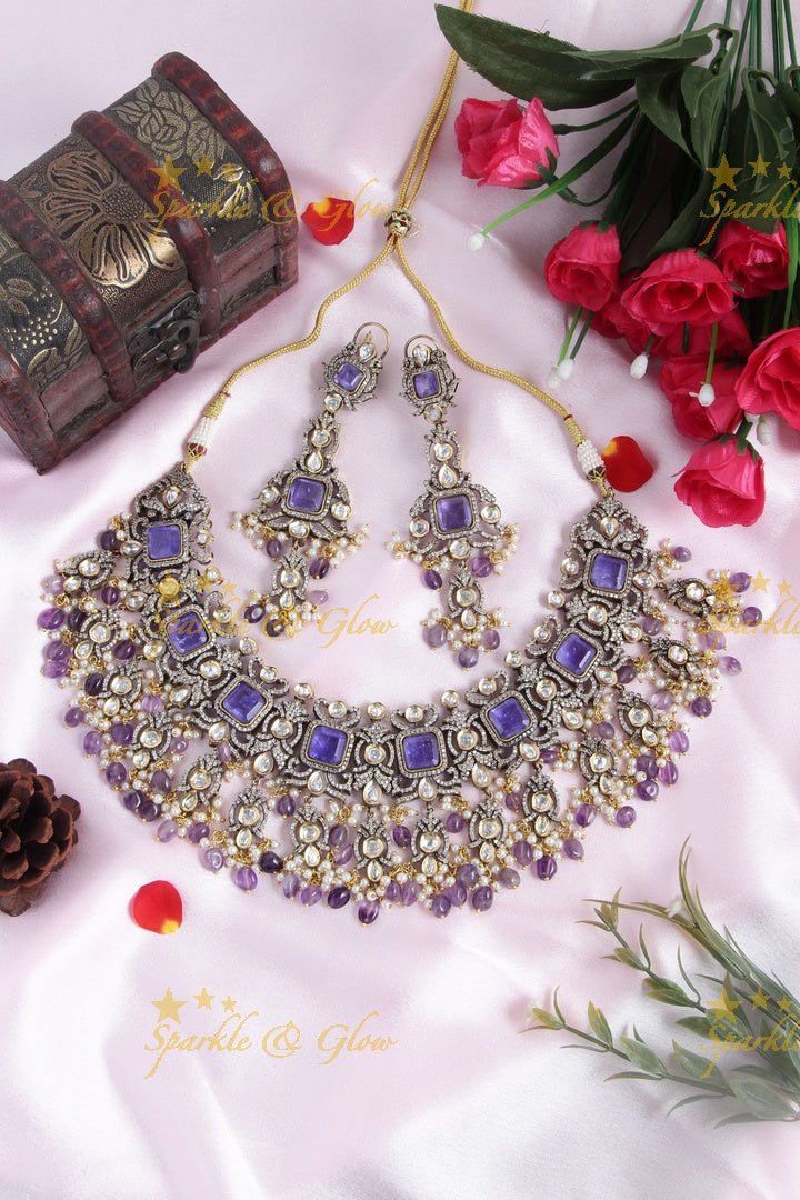 Goegeous Floral design victorian AD short necklace with stones and beads - mint green - Sparkle and Glow - Babypink - Back Thread