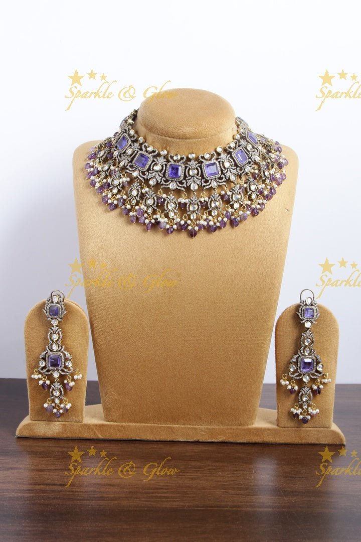 Goegeous Floral design victorian AD short necklace with stones and beads - mint green - Sparkle and Glow - Purple - Back Thread