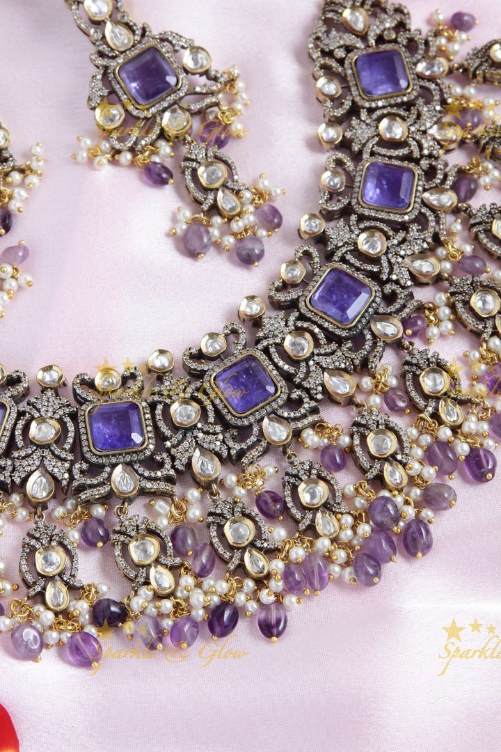 Goegeous Floral design victorian AD short necklace with stones and beads - mint green - Sparkle and Glow - Mintgreen - Back Thread