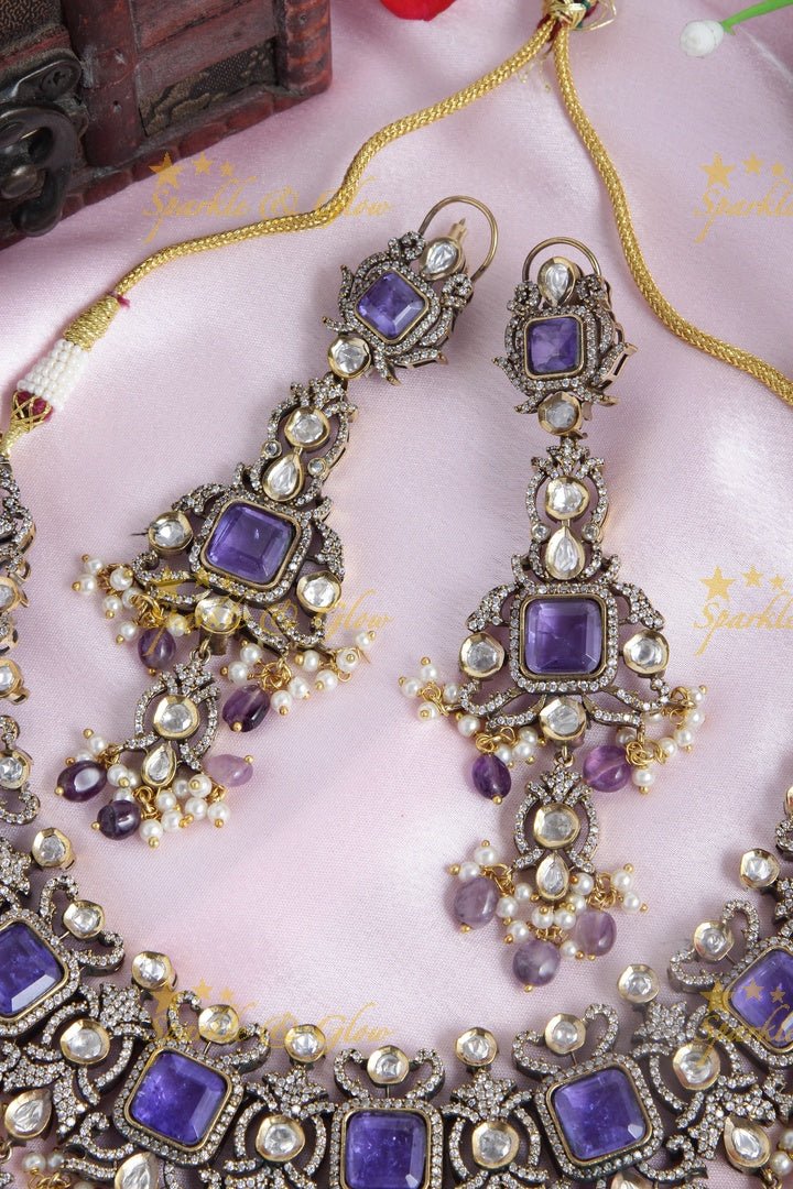 Goegeous Floral design victorian AD short necklace with stones and beads - mint green - Sparkle and Glow - Babypink - Back Thread