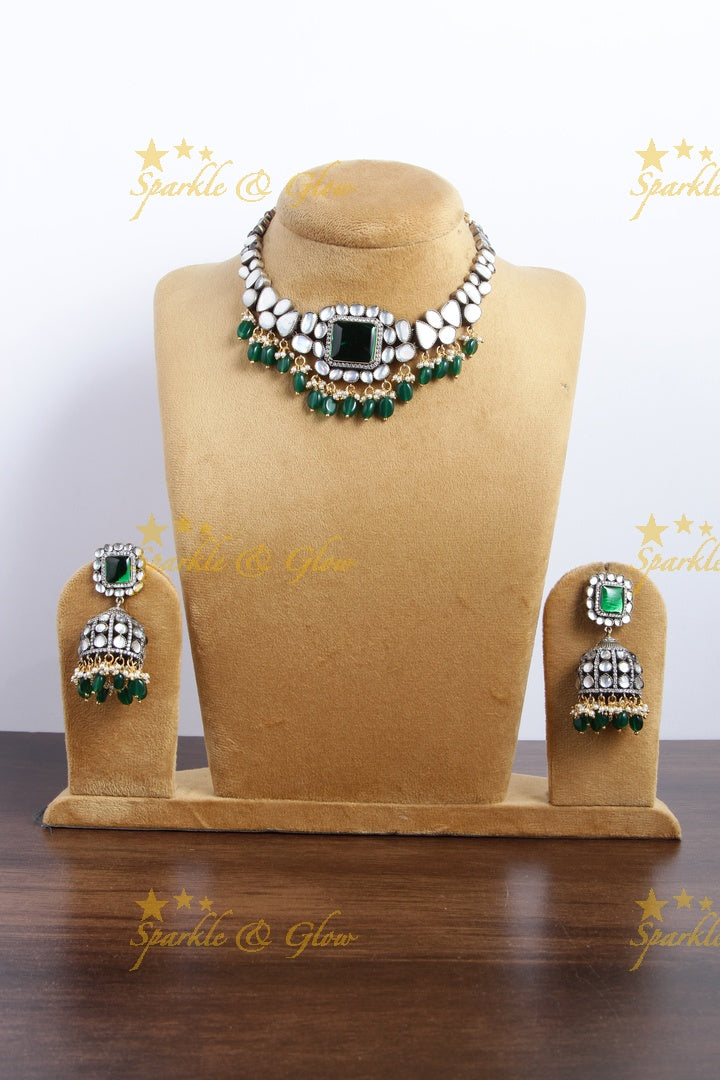 Alluring Green Beads asymetric Victorian AD necklace