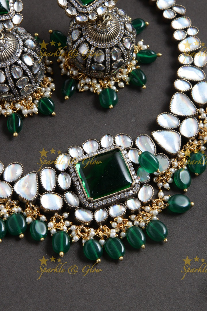 Alluring Green Beads asymetric Victorian AD necklace