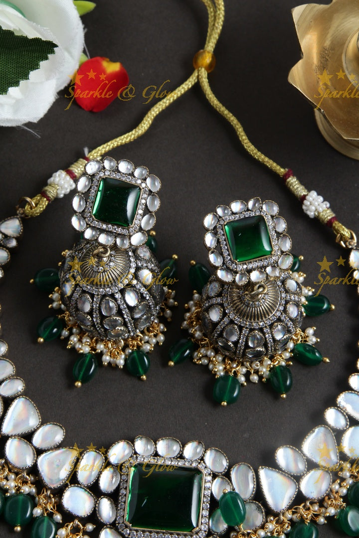 Alluring Green Beads asymetric Victorian AD necklace