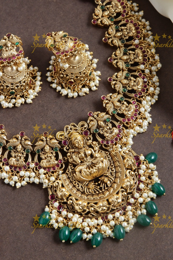 Gold alike Lakshmi Green beads necklace