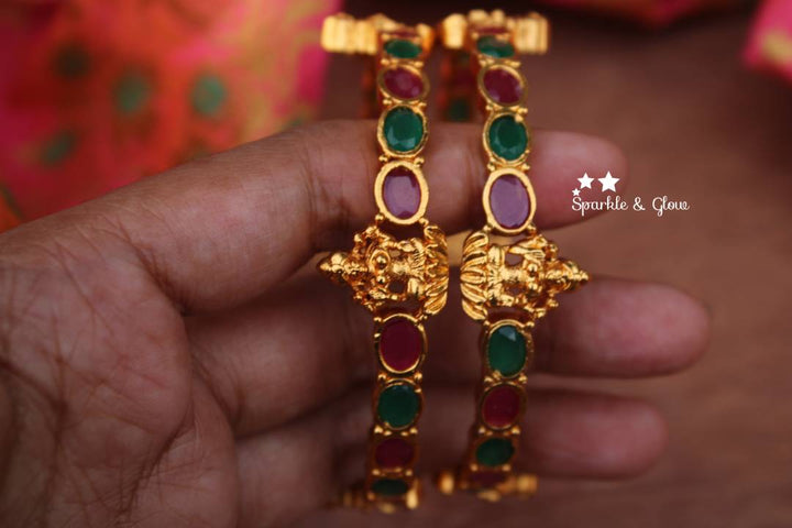 Matte finish peacock design cz stone bangles a pair