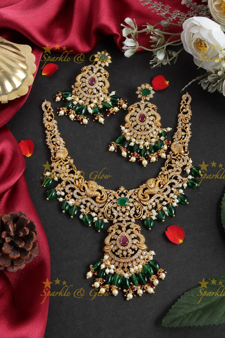 Beautiful premium matte non idol peacock green beads necklace