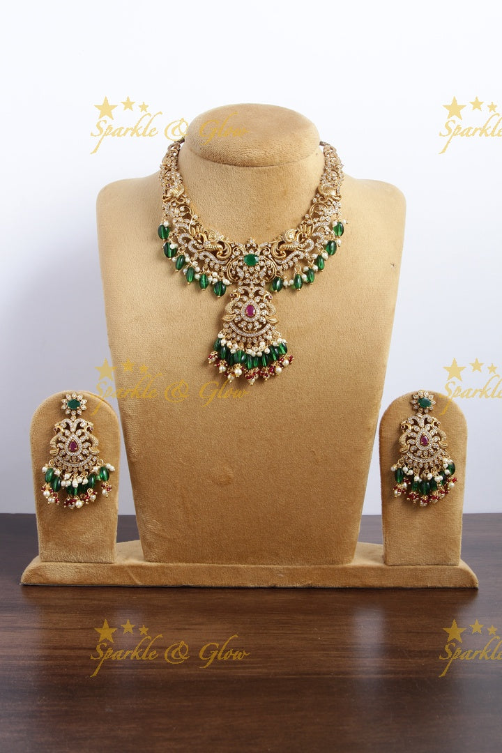 Beautiful premium matte non idol peacock green beads necklace