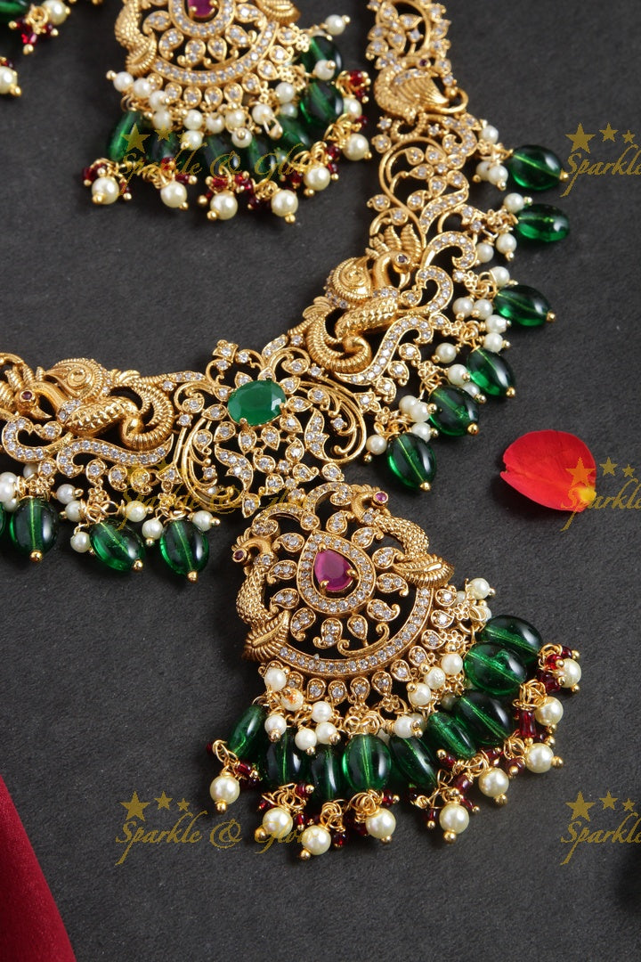 Beautiful premium matte non idol peacock green beads necklace