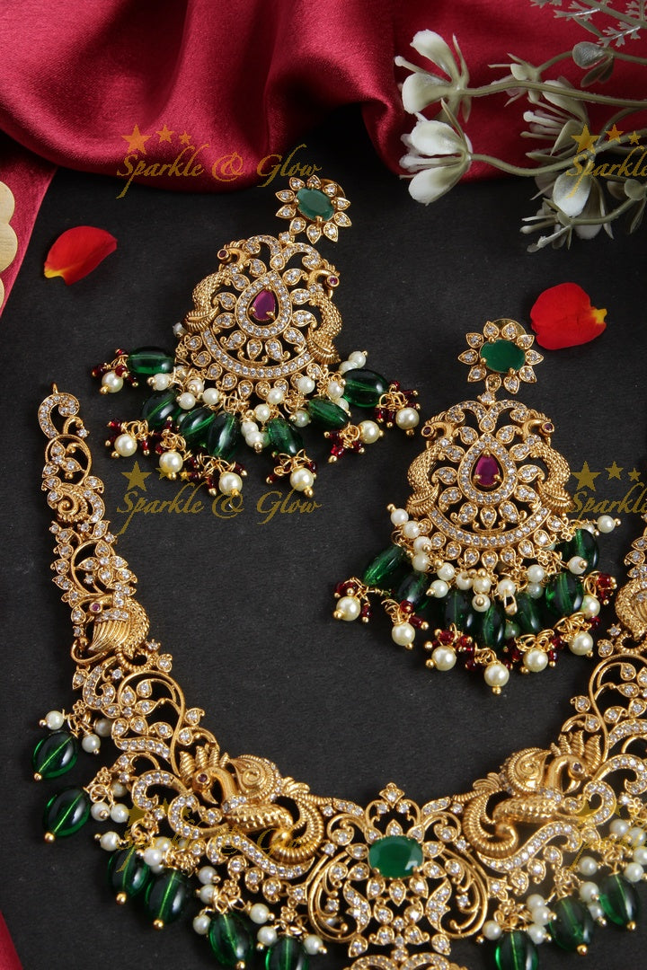 Beautiful premium matte non idol peacock green beads necklace