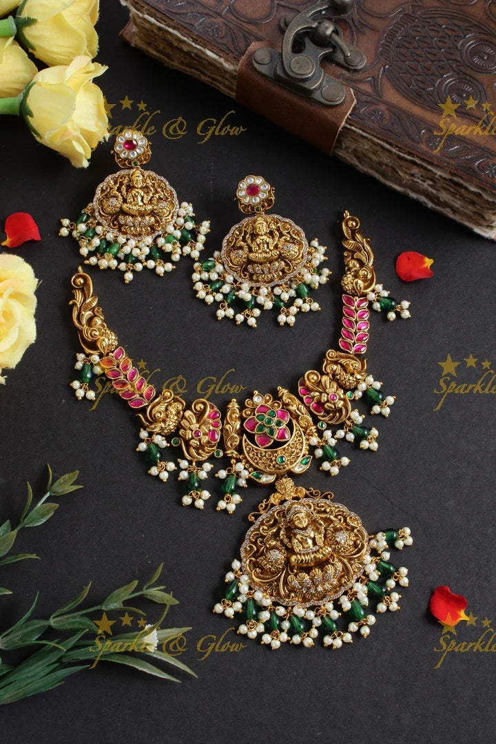 Jadau Lakshmi necklace with green beads - Sparkle and Glow