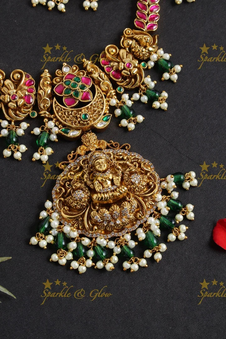 Jadau Lakshmi necklace with green beads - Sparkle and Glow