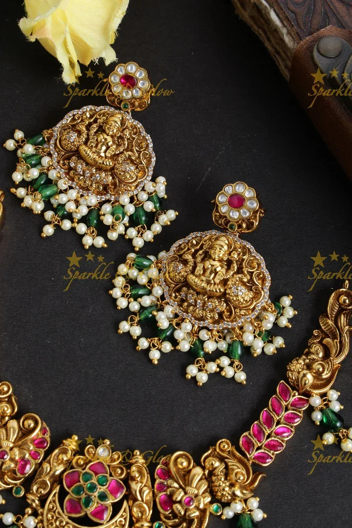 Jadau Lakshmi necklace with green beads - Sparkle and Glow