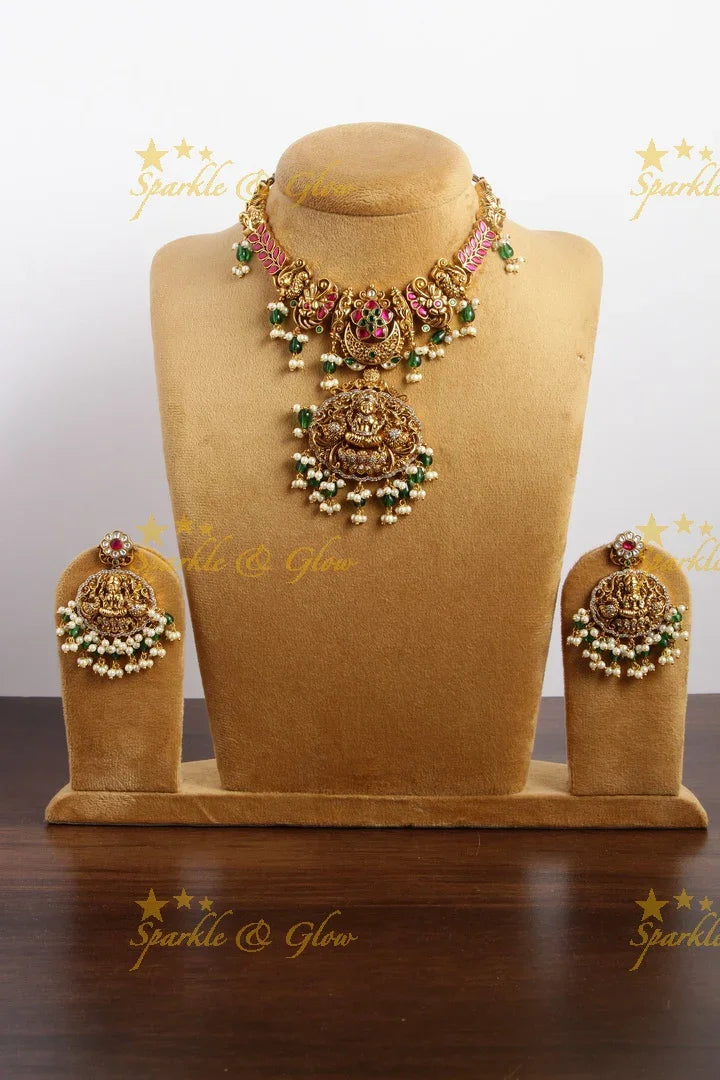 Jadau Lakshmi necklace with green beads - Sparkle and Glow