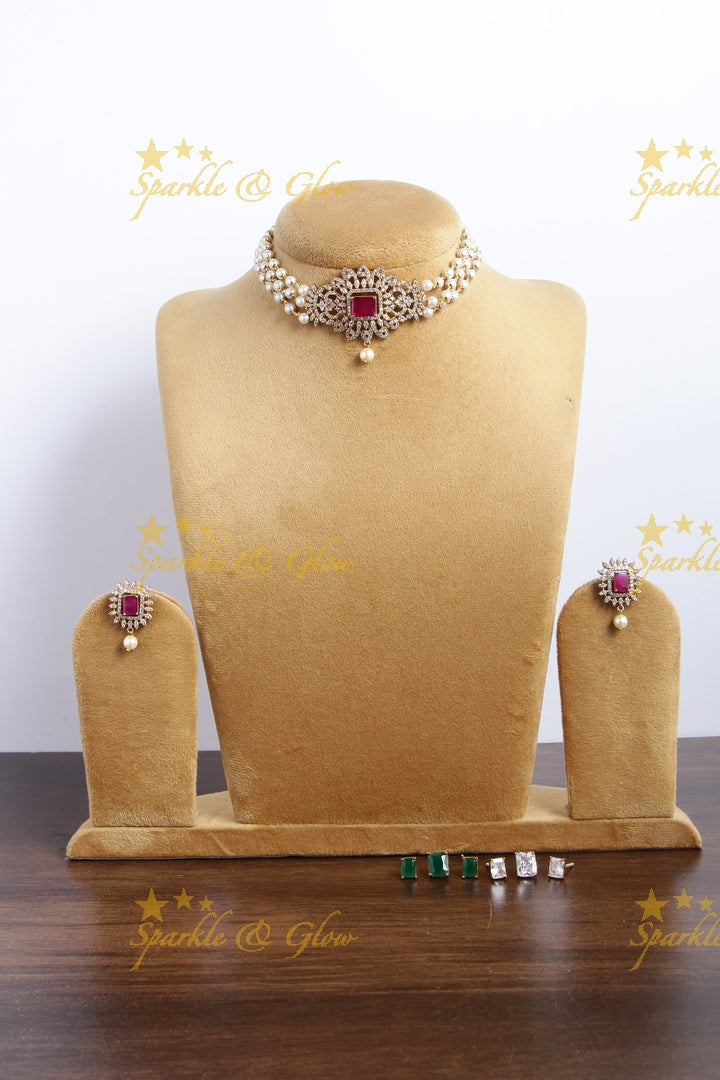 Premium matte floral ad pearl changeable stone choker