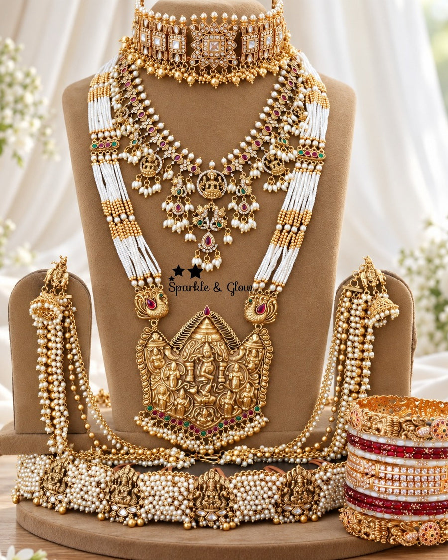 "POV: You found your dream Temple Bridal Set! 😍"
Wedding Season Sale Get 15% discount on sitewide
Get Free Gift Above 10k
Get free Domestic shipping
above 2000/- and for international its discounted shipping

1.ID 34689
2.ID 34688
3.ID L-13156,S-8780,EC-10394,M- 25116,H-7695
4.ID L-15386,S-19995,C-1416,EC-27951,H-7695
5.ID L-6506,S-27543,C-6913,EC-1098,H-13309
6.ID 34687
7.ID L-15391,S-19980,C-1416,EC-27936H-15487

visit website to place your order, link in the bio
www.sparkleandglow.co.in
Note: We don't t