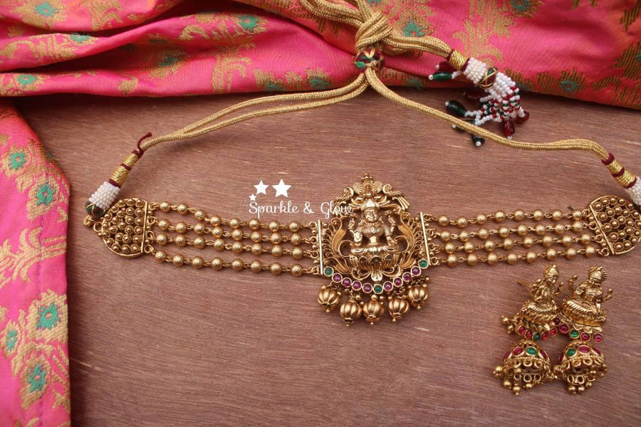 Gold beads layered lakshmi antique choker - Multi - Sparkle and Glow
