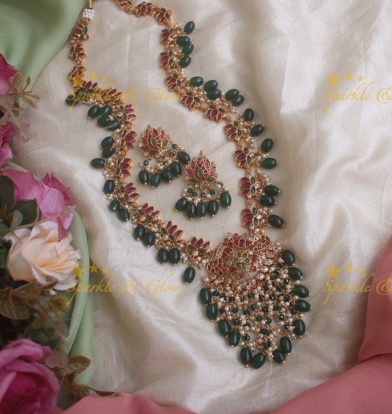 Exquisite Lotus and peacock kemp long necklace with ruby emerald and green beads - Sparkle and Glow - Green - Back Chain