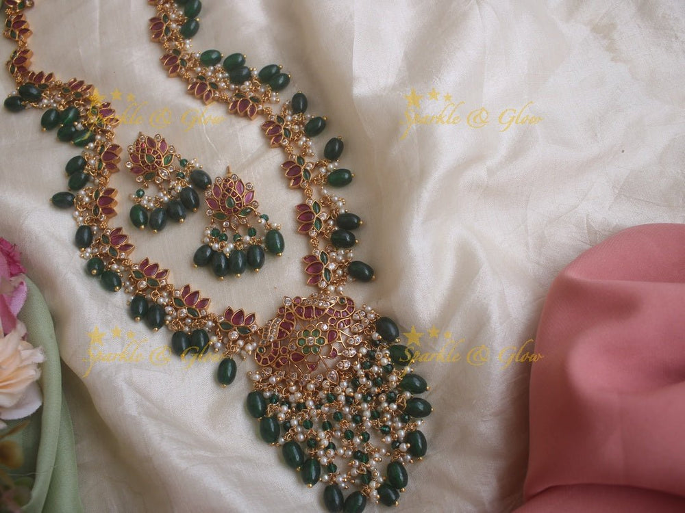 Exquisite Lotus and peacock kemp long necklace with ruby emerald and green beads - Sparkle and Glow - Green - Back Thread