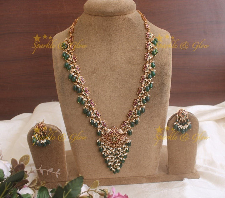 Exquisite Lotus and peacock kemp long necklace with ruby emerald and green beads - Sparkle and Glow - Green - Back Thread