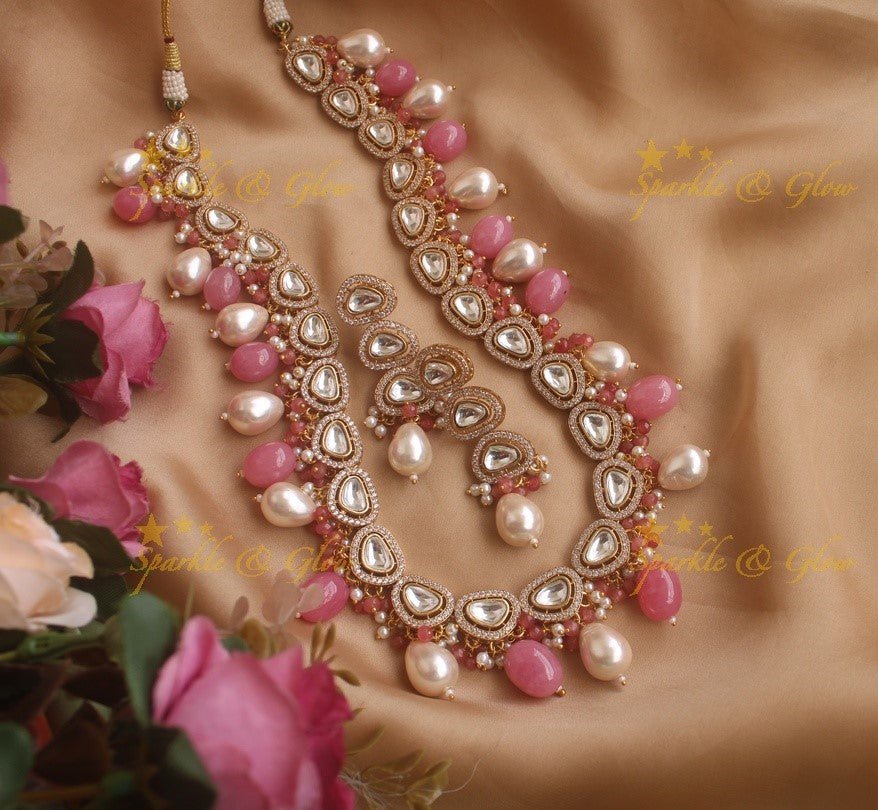 Gorgeous Victorian AD haram with pearls and pink beads - Sparkle and Glow - Pink - Back Thread