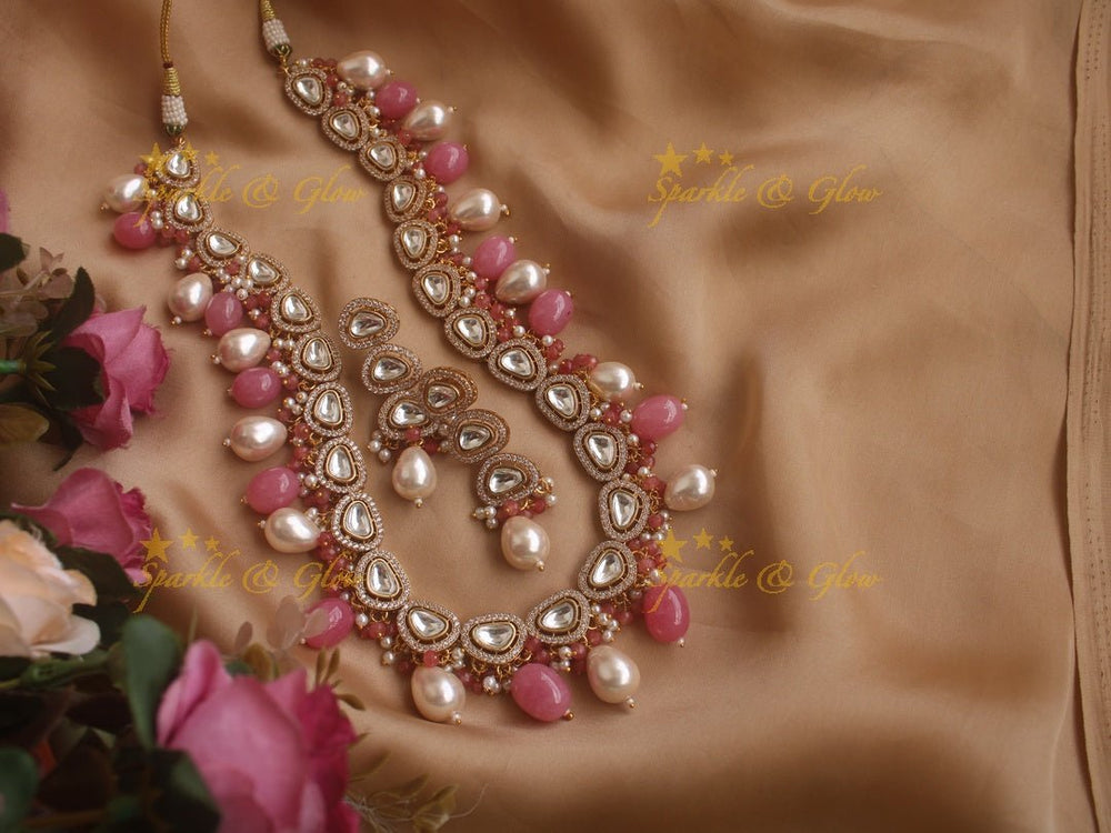 Gorgeous Victorian AD haram with pearls and pink beads - Sparkle and Glow - Pink - Back Thread
