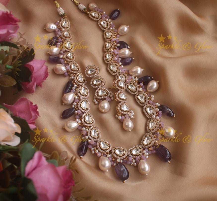 Gorgeous Victorian AD haram with pearls and pink beads - Sparkle and Glow - Purple - Back Thread