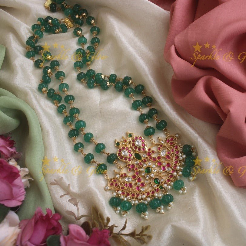 Stunning green beads jadau floral design pendent chain - pink - Sparkle and Glow