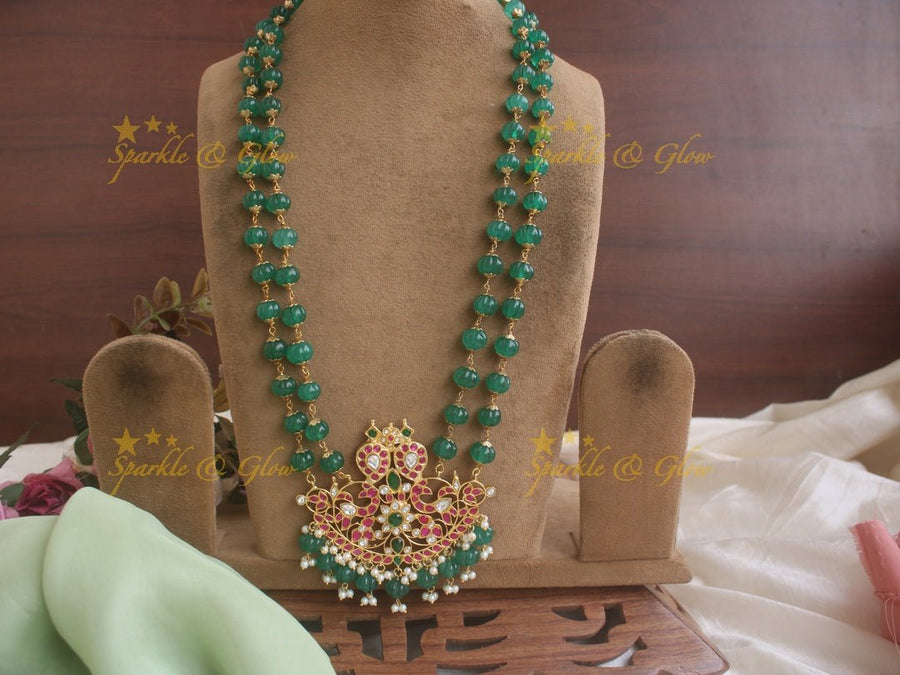 Stunning green beads jadau floral design pendent chain - pink - Sparkle and Glow - Pink - Back Thread