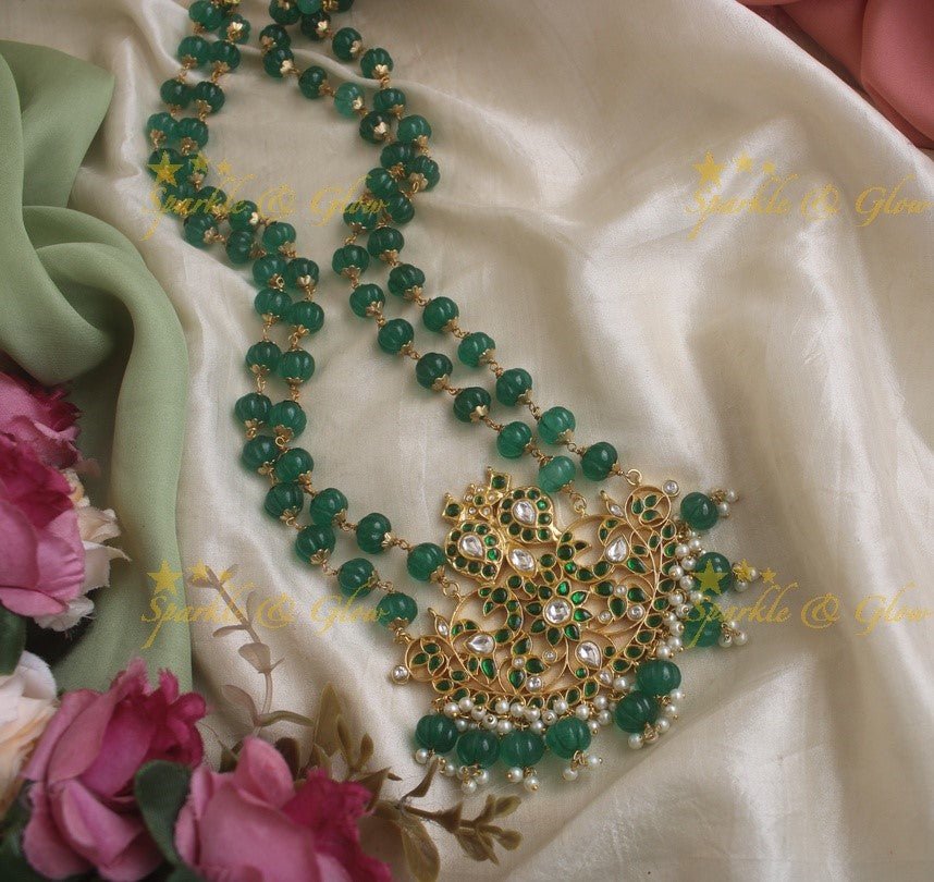 Stunning green beads jadau floral design pendent chain - pink - Sparkle and Glow - Green - Back Thread
