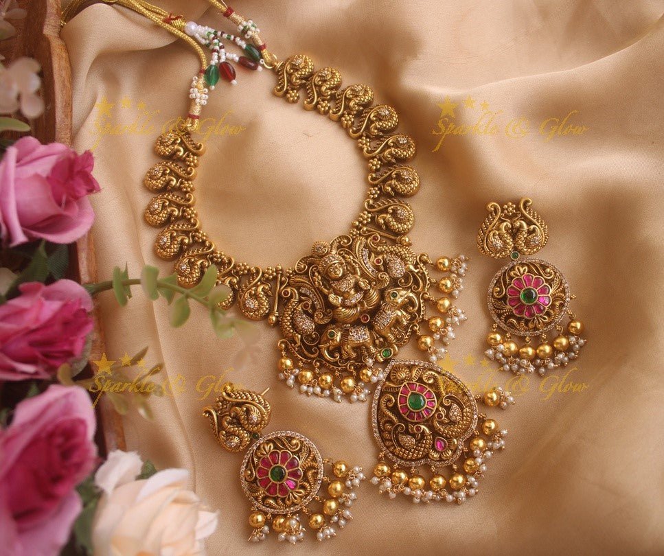 Elegant gold alike Jadau Lakshmi and peacock carved short necklace with gold beads - Sparkle and Glow - Gold - Back Thread
