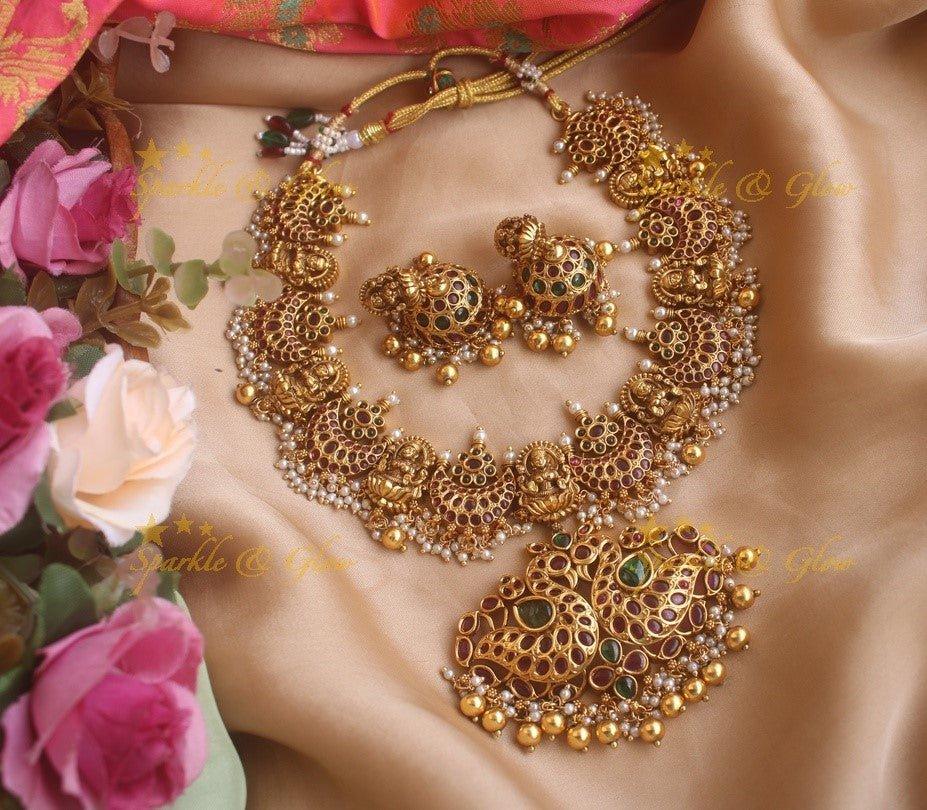 Statement antique Lakshmi peacock half moon design gutta pusalu necklace with green beads - Sparkle and Glow