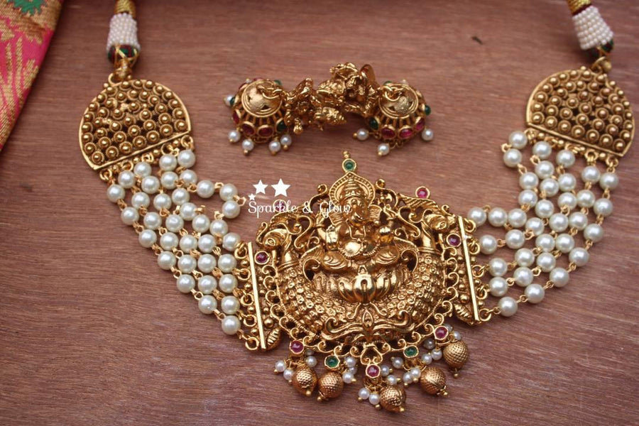 Pearl beads layered ganesha penedent antique choker - Multi - Sparkle and Glow
