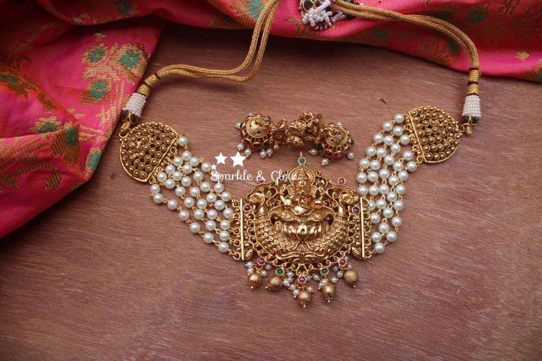 Pearl beads layered ganesha penedent antique choker - Multi - Sparkle and Glow