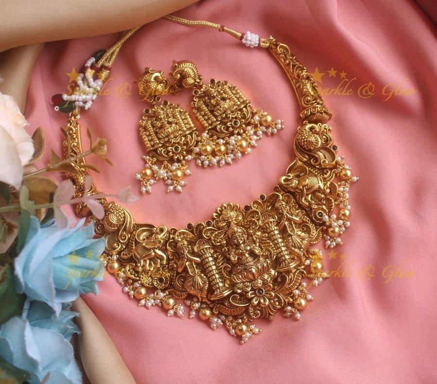 Statement antique Lakshmi peacock and elephant carved short necklace with green beads - Sparkle and Glow
