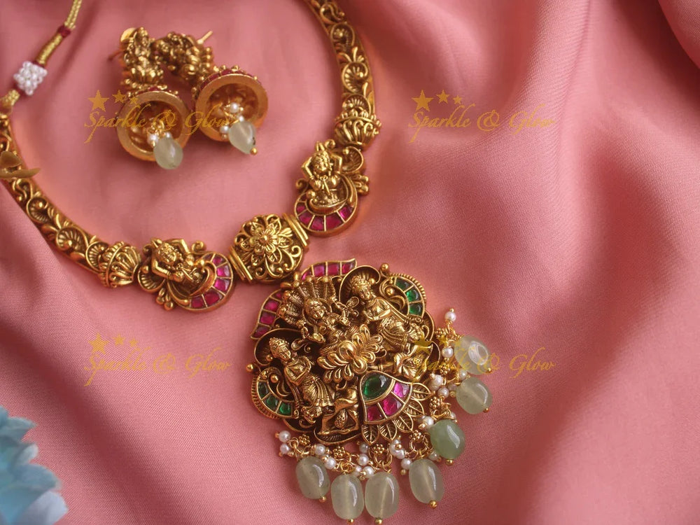 Elegant antique Jadau Lakshmi carved short necklace with mint green beads - Sparkle and Glow