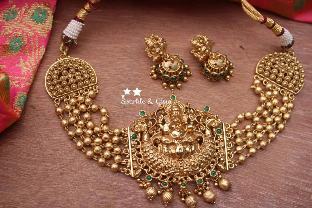 Pearl beads layered ganesha penedent antique choker - Multi - Sparkle and Glow