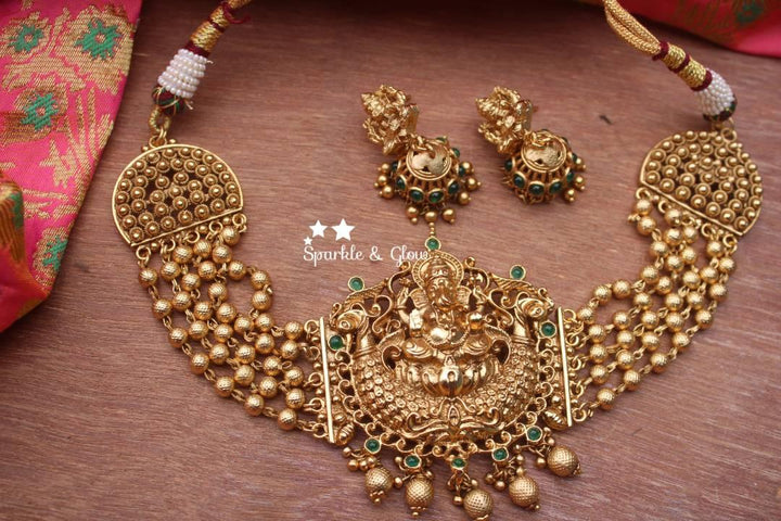 Pearl beads layered ganesha penedent antique choker - Multi - Sparkle and Glow
