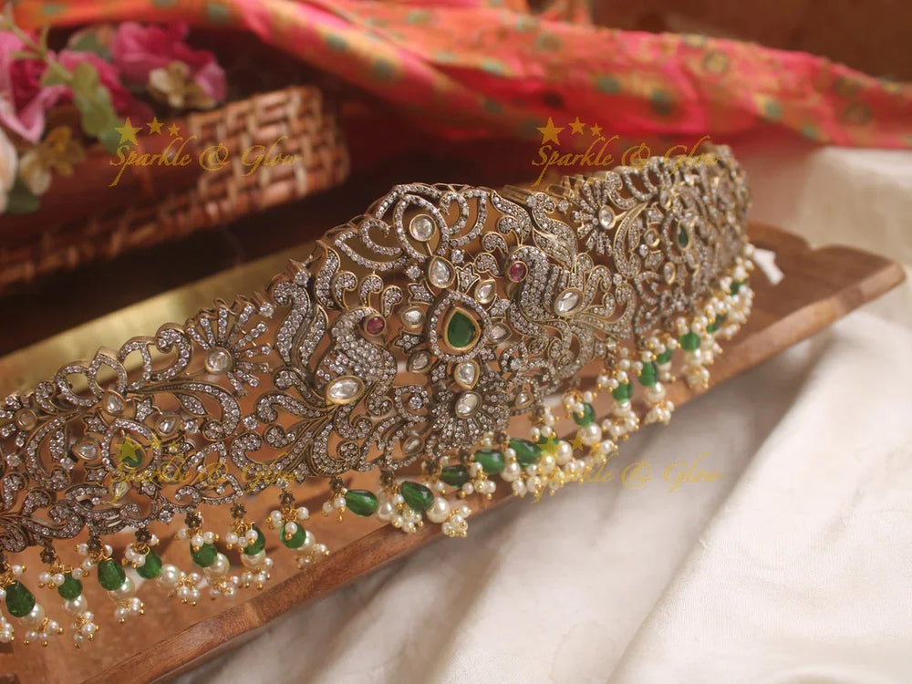 Beautiful Peacock emerald and green beads black finish victorian ad hipbelt - Sparkle and Glow