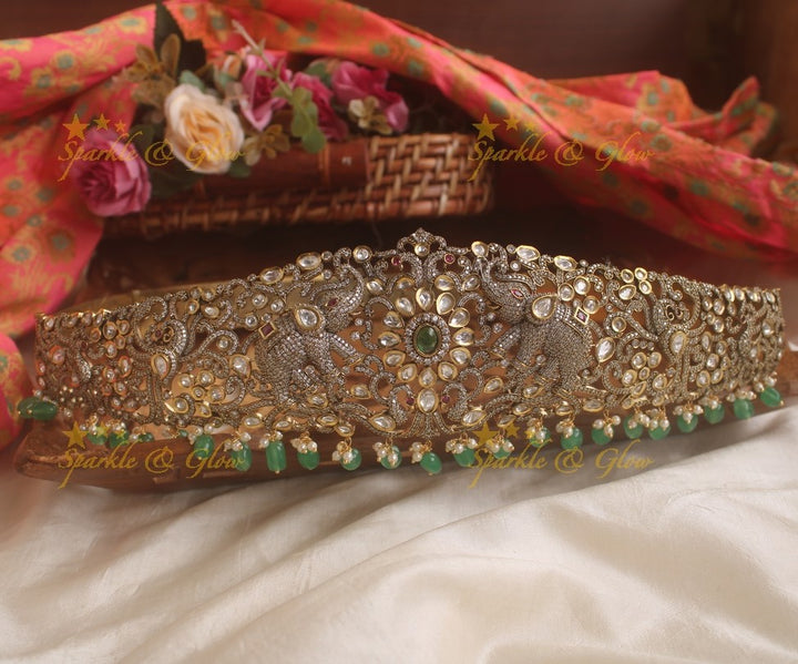 Beautiful Elephant Peacock ruby emerald and green beads black finish victorian ad hipbelt
