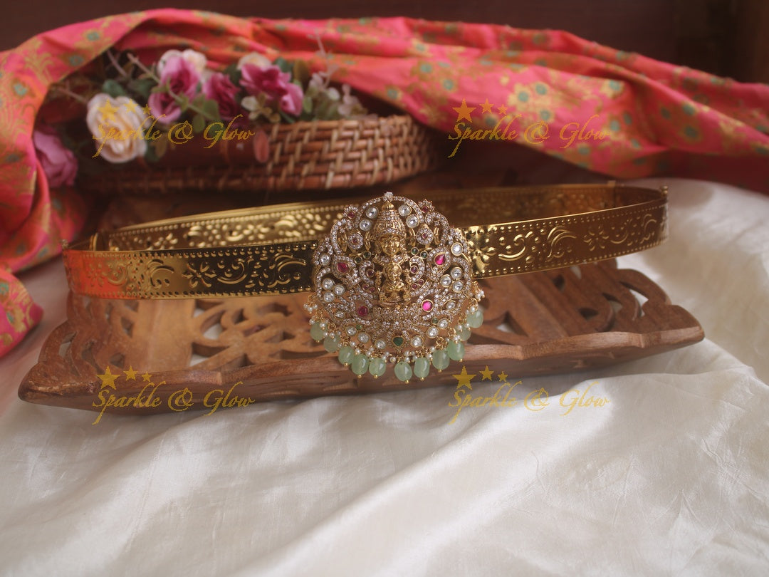 Exquisite Laxmi venkatesh ruby emerald and mint green beads gold finish victorian ad hipbelt