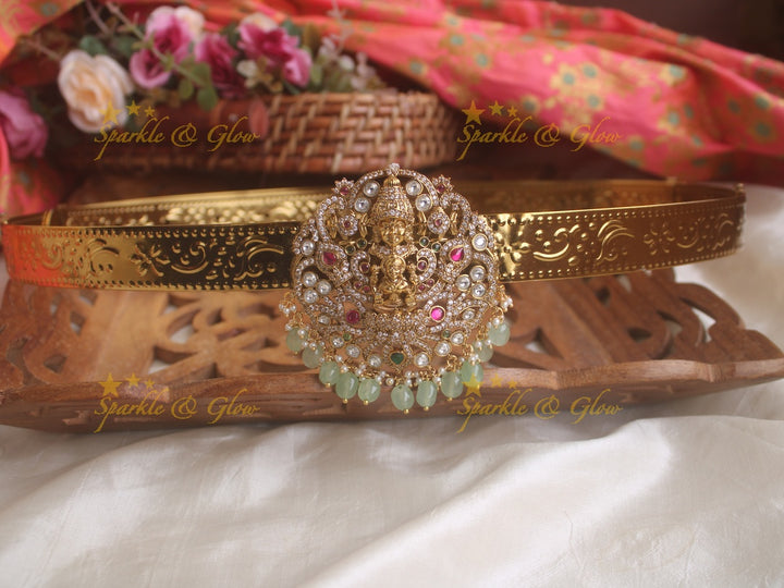 Exquisite Laxmi venkatesh ruby emerald and mint green beads gold finish victorian ad hipbelt