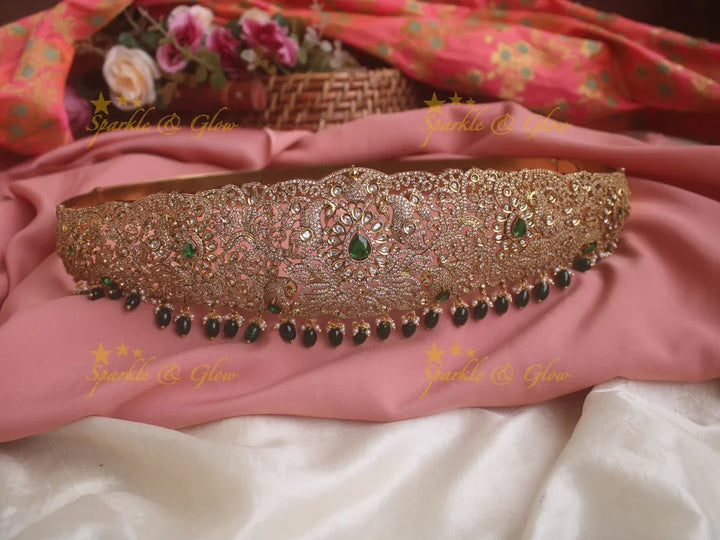 Victorian AD Gold Finish Hipbelt with Emerald Beads