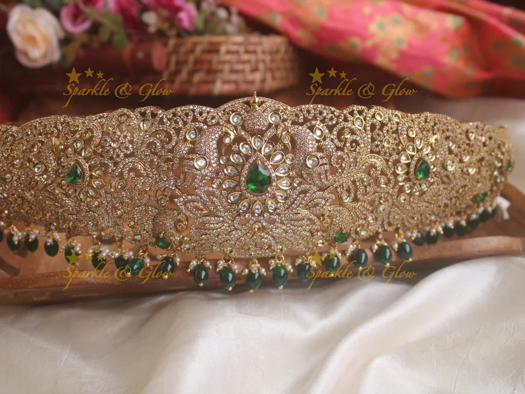 Victorian AD Gold Finish Hipbelt with Emerald Beads