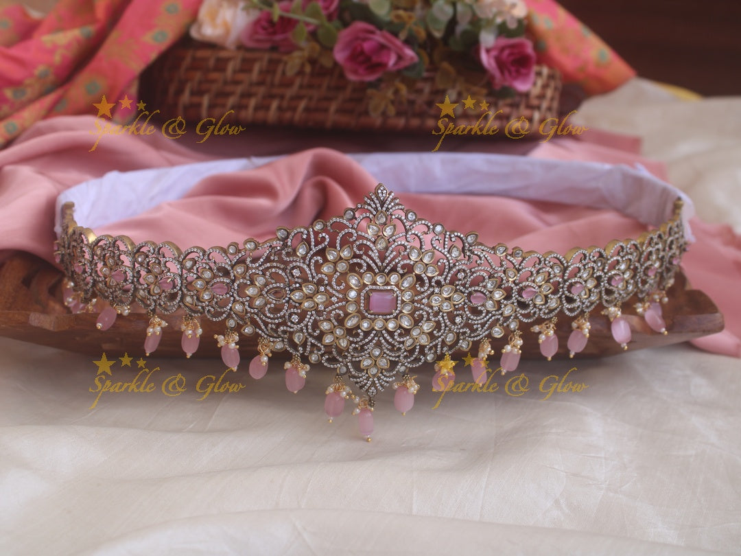 Stunning pink stones and beads black finish victorian ad hipbelt