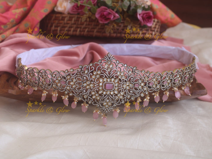 Stunning pink stones and beads black finish victorian ad hipbelt