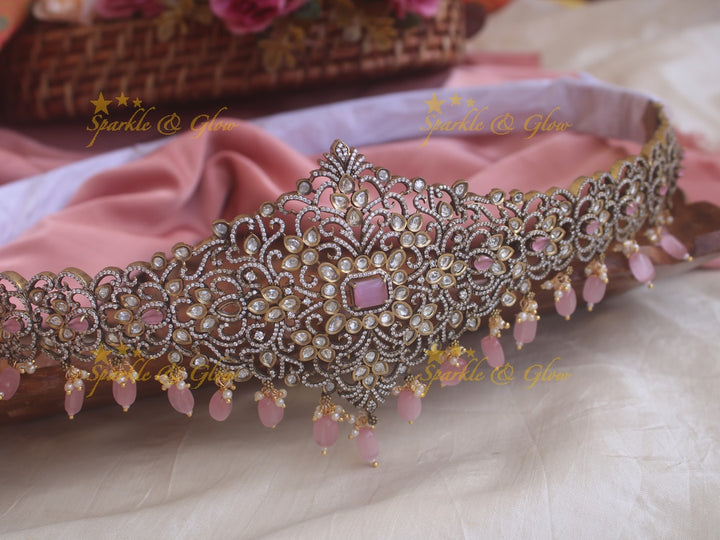 Stunning pink stones and beads black finish victorian ad hipbelt