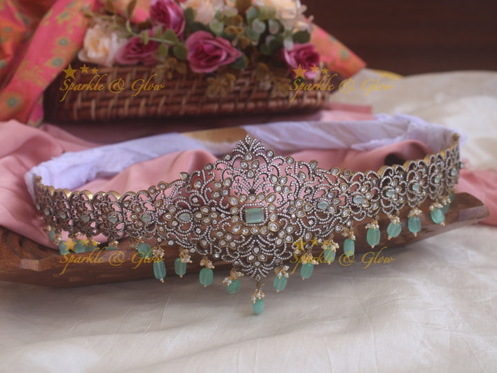 Stunning pink stones and beads black finish victorian ad hipbelt