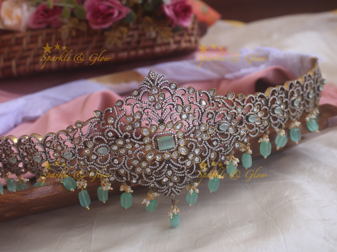 Stunning pink stones and beads black finish victorian ad hipbelt