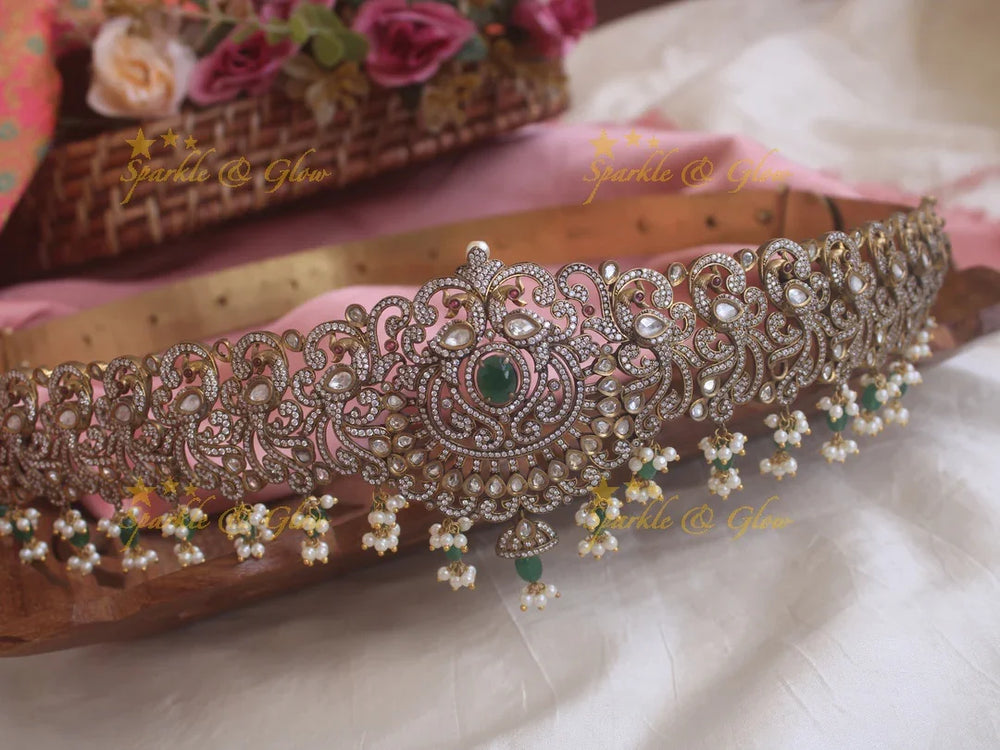 Exquisite Peacock emerald and green beads black finish victorian ad hipbelt - Sparkle and Glow