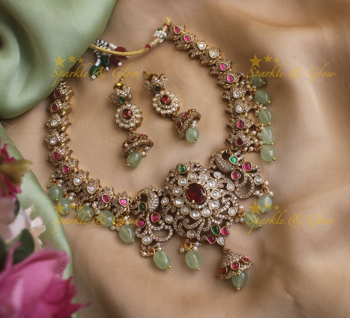 Statement Peacock Victorian AD necklace with ruby emerald and peach beads